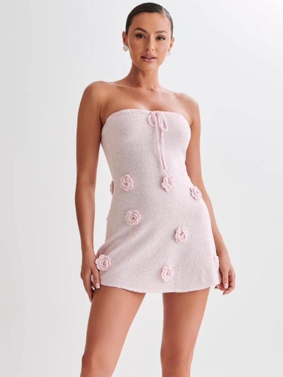 Meshki Dresses & Skirts - Meshki Strapless Pink Textured Mini Dress with Floral Appliqués